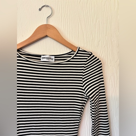 Princess Polly Bryanna Stripe Black White Bell Flare Sleeve Ribbed Mini Dress - Picture 8 of 12